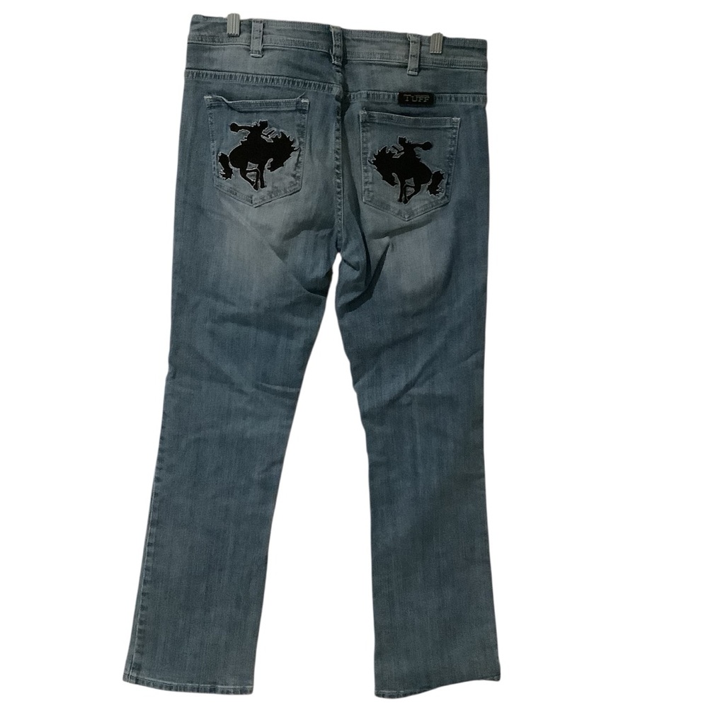 Cowgirl Tuff Blue Jeans with Black Buck Off Embroidery Pockets Wild & Wooly